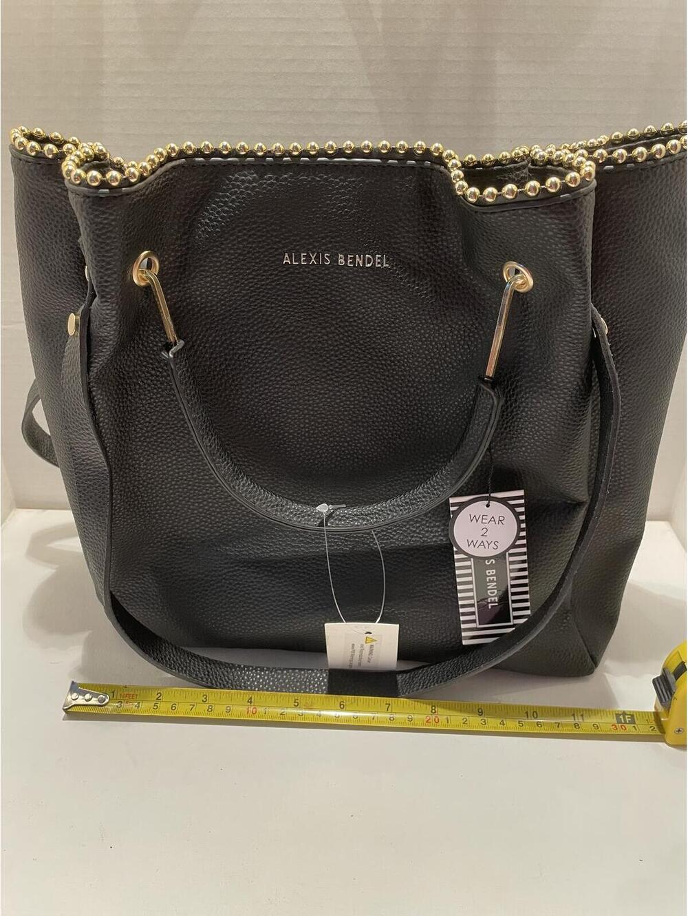 Alexis Bendel Black Leather Tote Bag with Gold Bead Trim